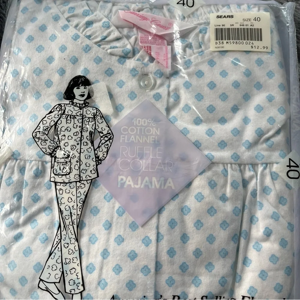 VNT Sears Carriage Court Women’s Pajamas 100% Cotton Blue/white Ruffle Collar - Picture 2 of 6